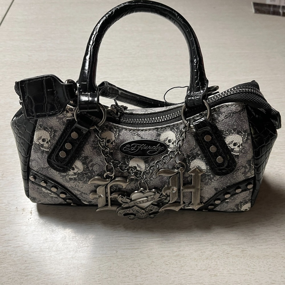 Ed Hardy Satchel Bag Womens Gray Black Love Kills Slowly Skull Print Chain Strap